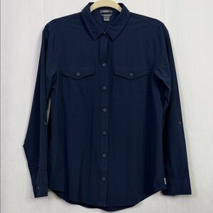 Eddie Bauer Classic Navy Button Up Roll Tab Sleeve Woman’s Lightweight Shirt